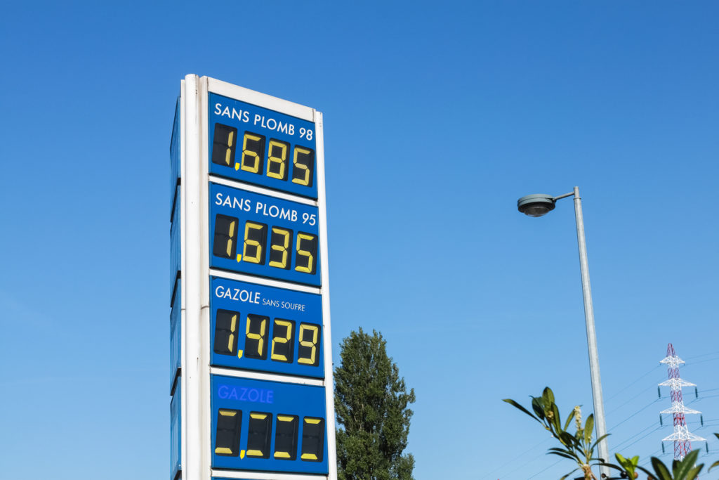"Price board with different kinds of fuel in Vendenheim, near Strasbourg, France. August 2012. Sans plomb: unleaded, gazole: diesel, sans soufre: sulphur-free"