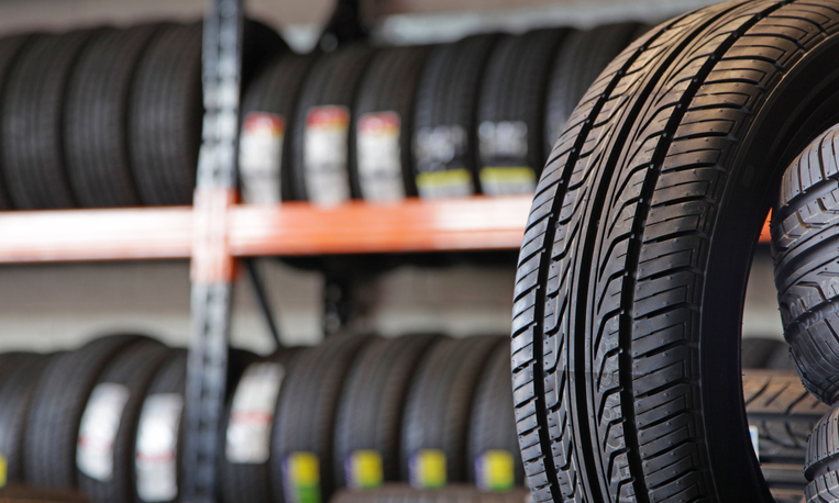 A tyre in a Garage. 