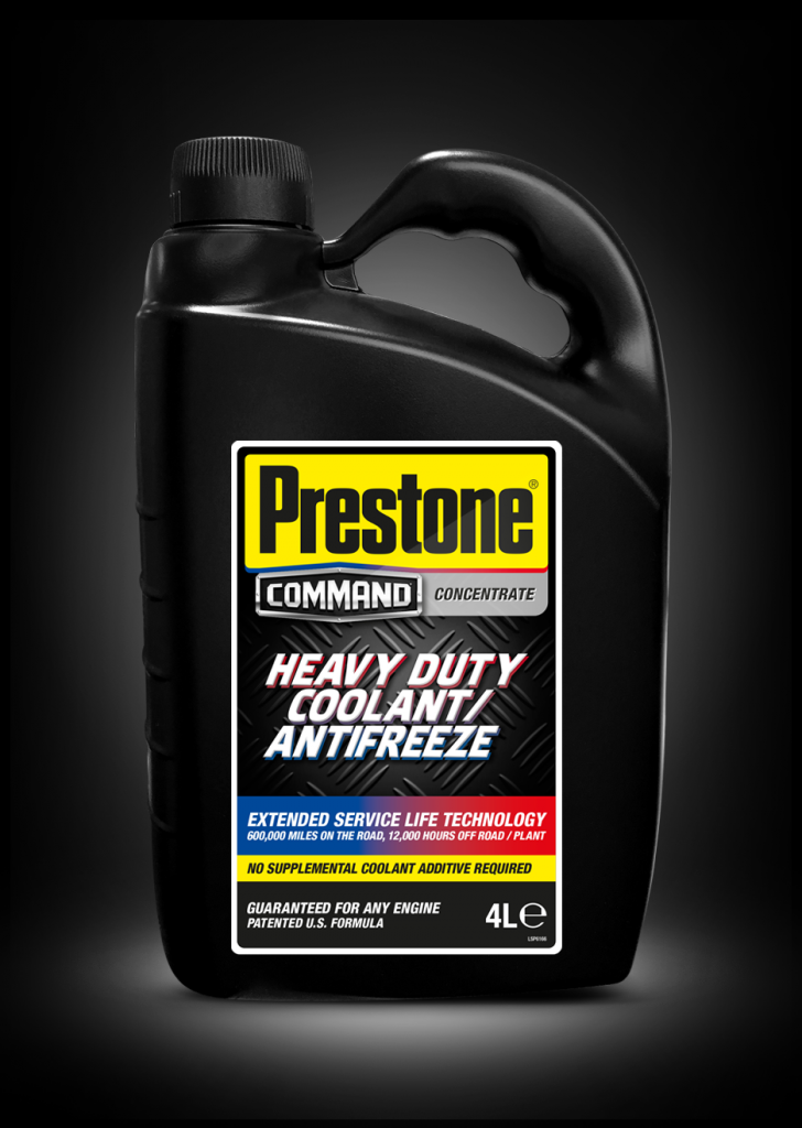 Bottle of Prestone Command heavy duty coolant/antifreeze concentrate 4.