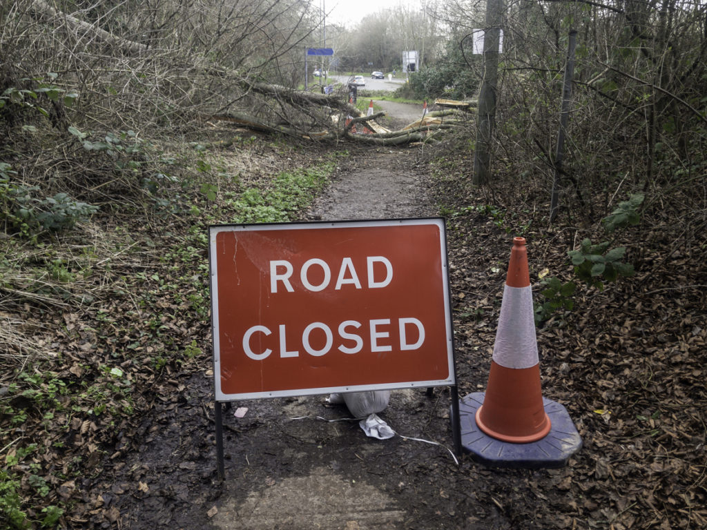 A Footpath Is Closed Due To A Fallen Tree After High Winds.
