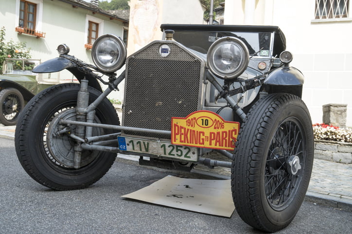 Fobello, Italy - September 03, 2016: an old Lancia Lambda car that participated in the Beijing-Paris race on display during a meeting of classic cars.