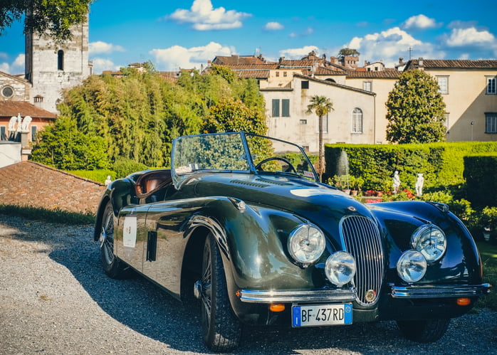 LUCCA, ITALY - MAY 18 2018: old racing car in rally "Mille Miglia" 2018 the famous italian historical race in Lucca on May 18th, 2018