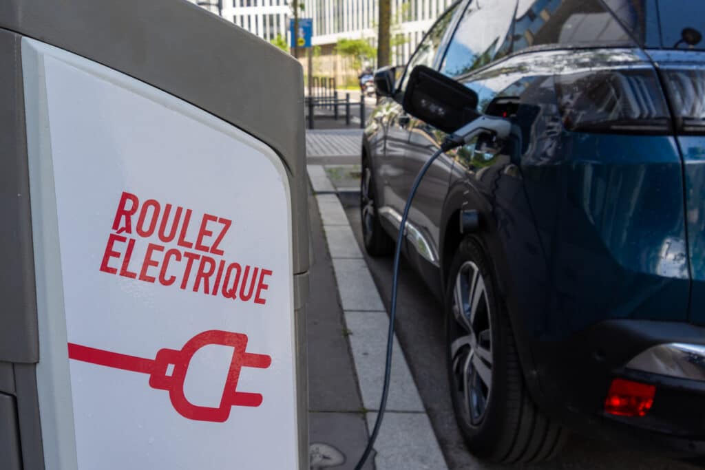 Bois-Colombes, France - May 22, 2021: Electric car charging station belonging to the SIGEIF network
